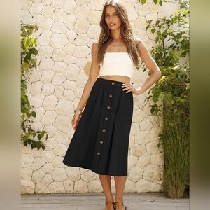 NWOT Casual High Elastic Waist A Line Pleated Midi Skirt with Pockets